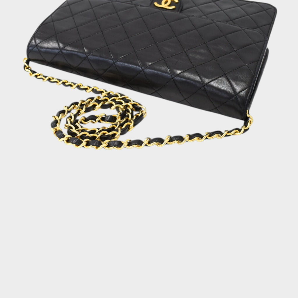 Chain Shoulder Bag Matelassé Single Flap Lambskin Leather Black Tasche