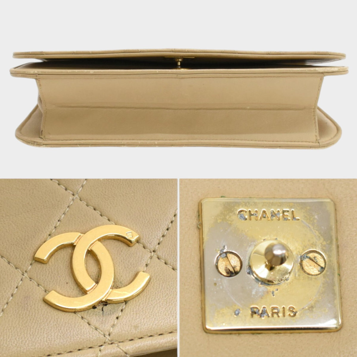 Chain Shoulder Bag Matelassé Coco Mark Leather Beige Tasche
