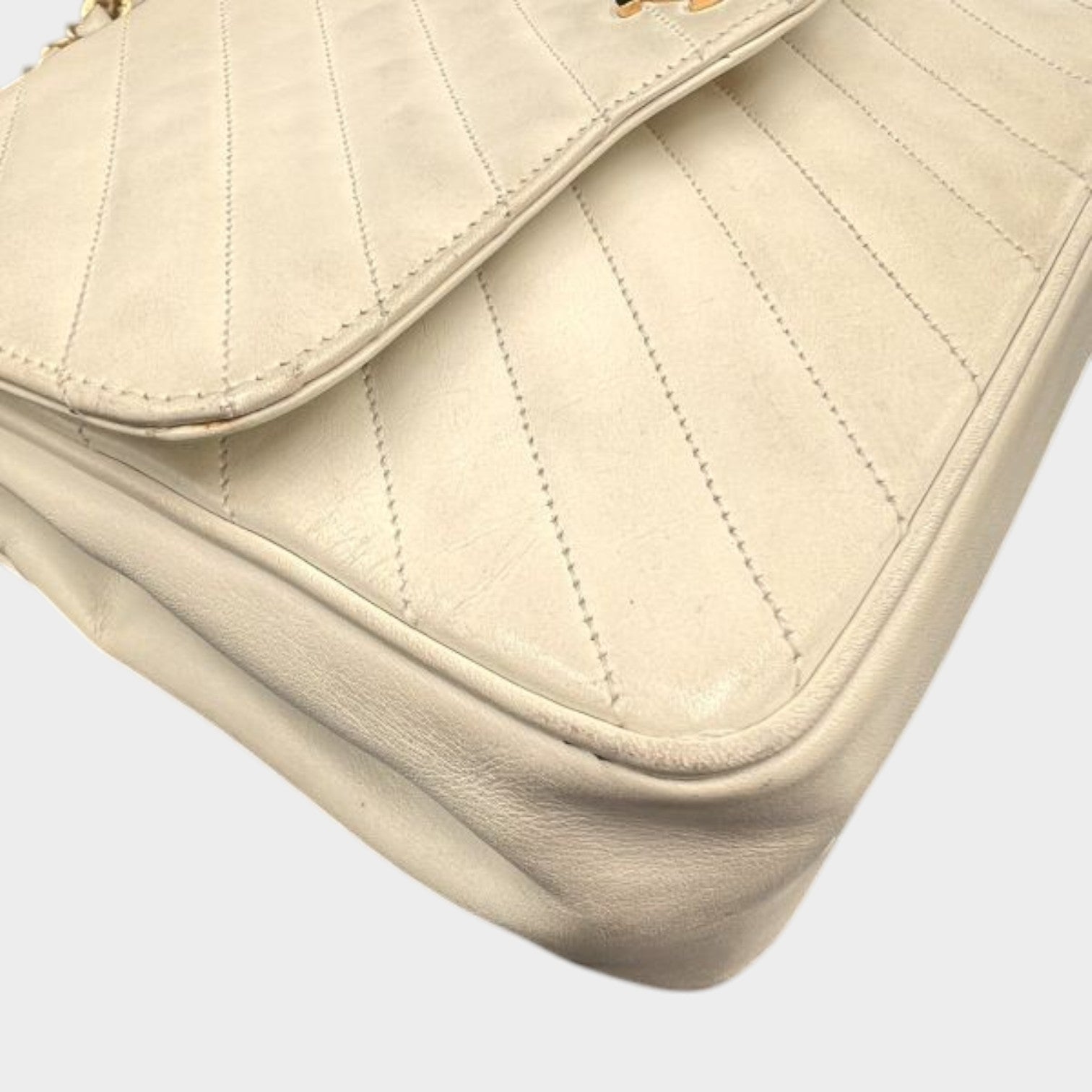 Chanel Bias Stitch Chain Shoulder Bag Coco Mark Push Lock Gold Hardware Lambskin Vintage