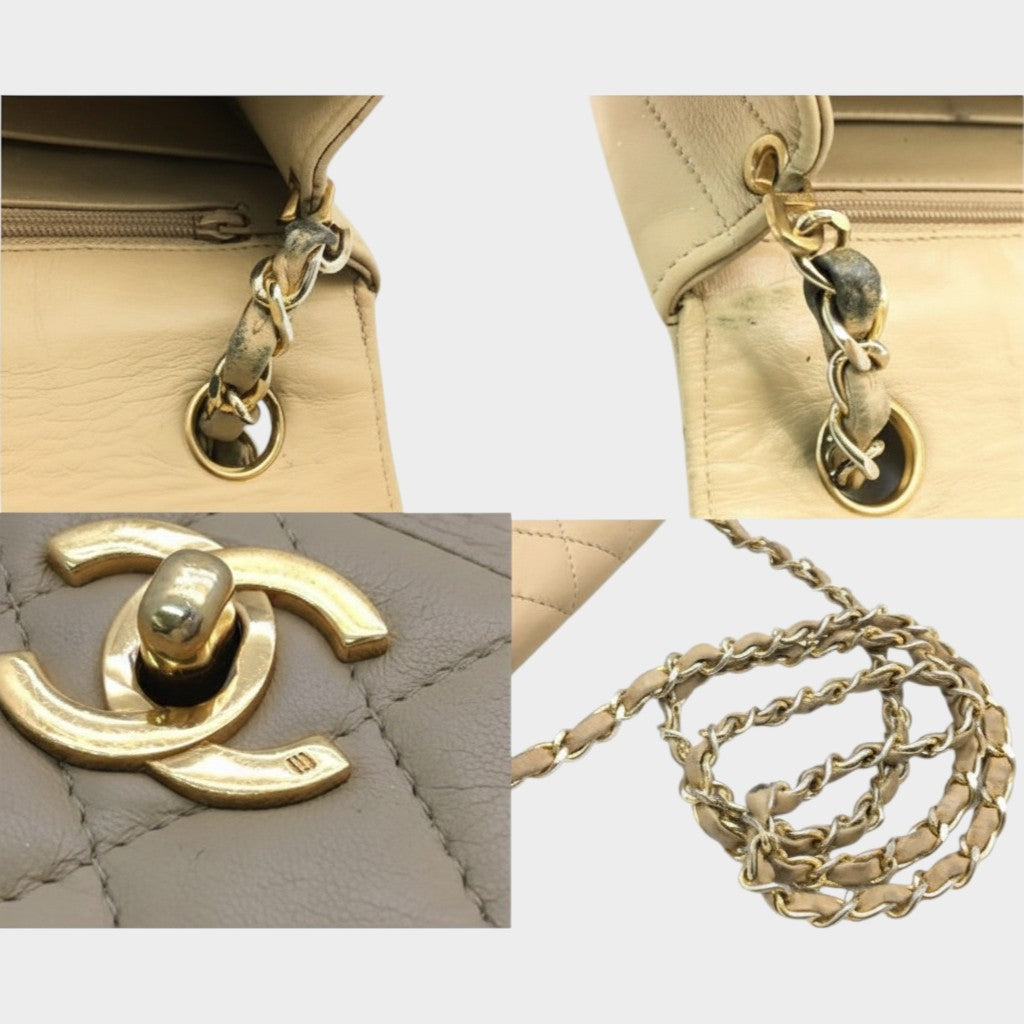 CHANEL Matelassé Lambskin Bag, Beige, Gold Hardware, Single Flap ■(H×W×D): Approx. 15.5cm×22.5cm×7.0cm