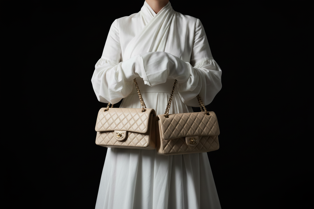 Arme in Weiß mit schwarzer und heller Chanel Tasche