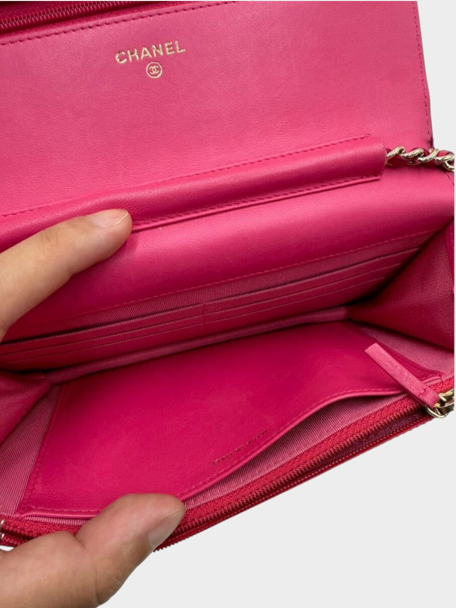 CHANEL Matelassé Chain Wallet, Lambskin, Pink