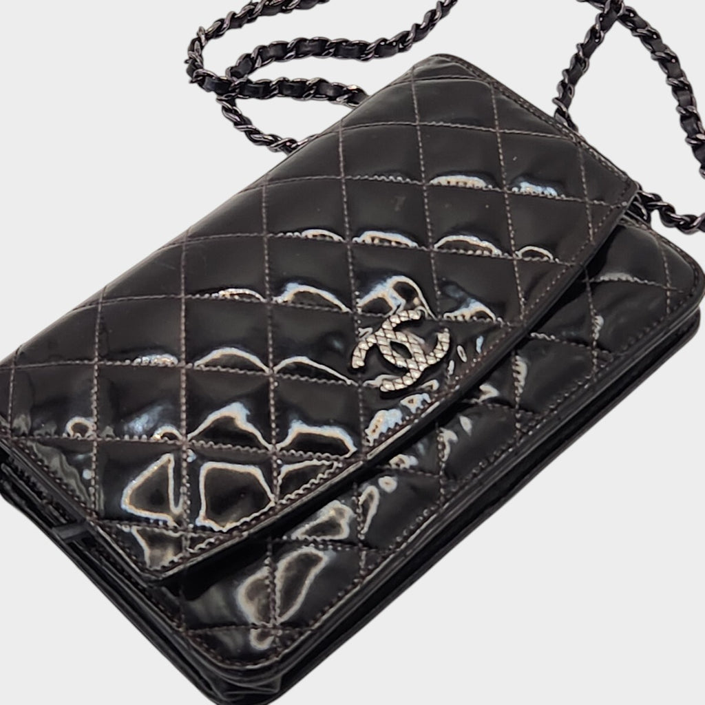 CHANEL Matelassé Enamel Chain Wallet Shoulder Bag with Coco Mark, Black