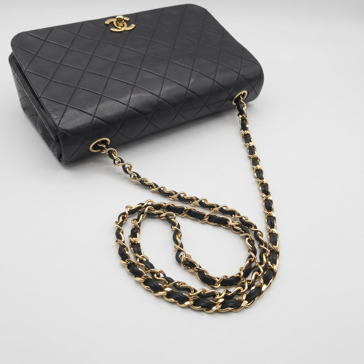 Excellent Condition CHANEL Coco Mark Matelassé Lambskin Full Flap Chain Shoulder Bag, Black