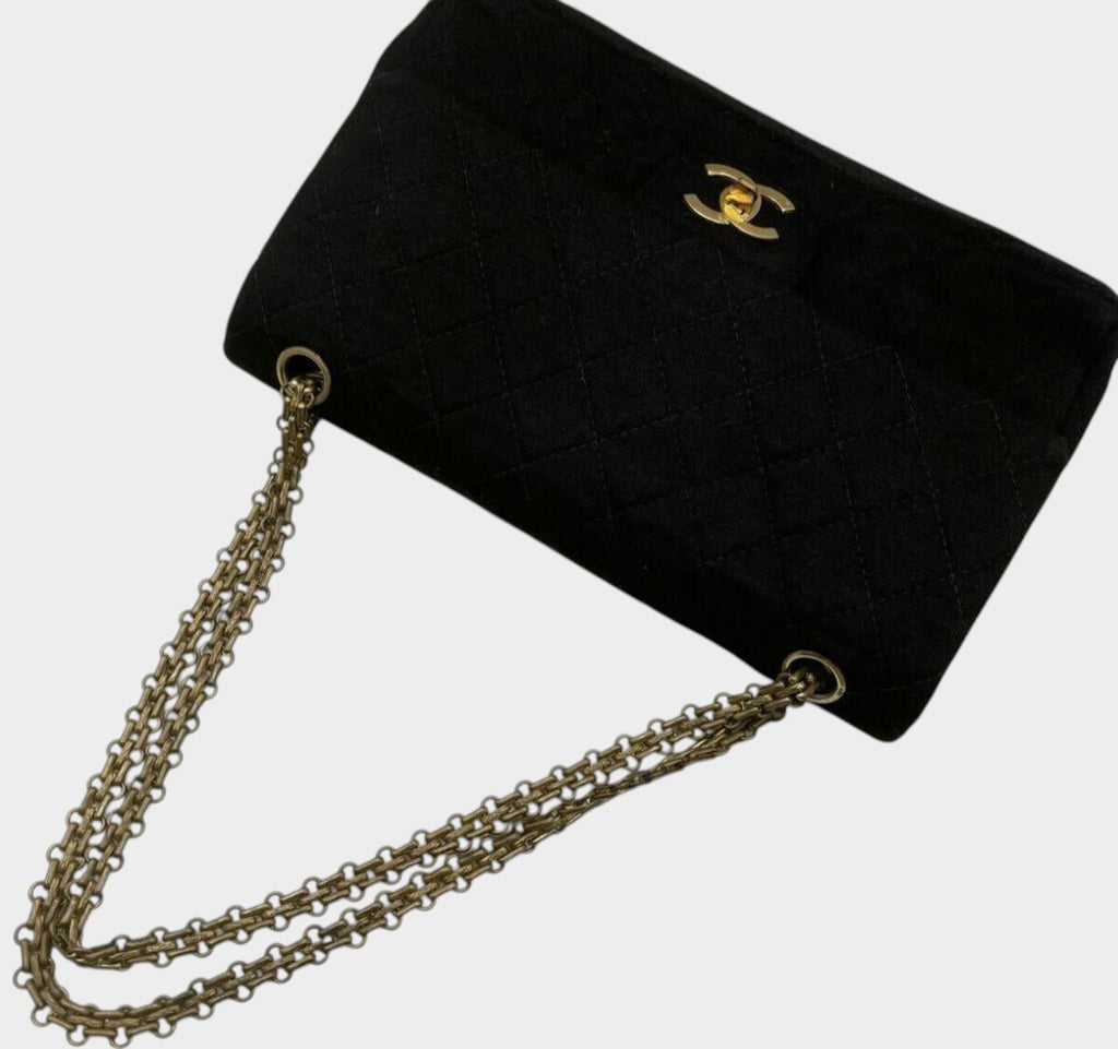 CHANEL Matelassé 25 Coco Mark Cotton Double Flap Chain Shoulder Bag, Black, in excellent condition, made in France