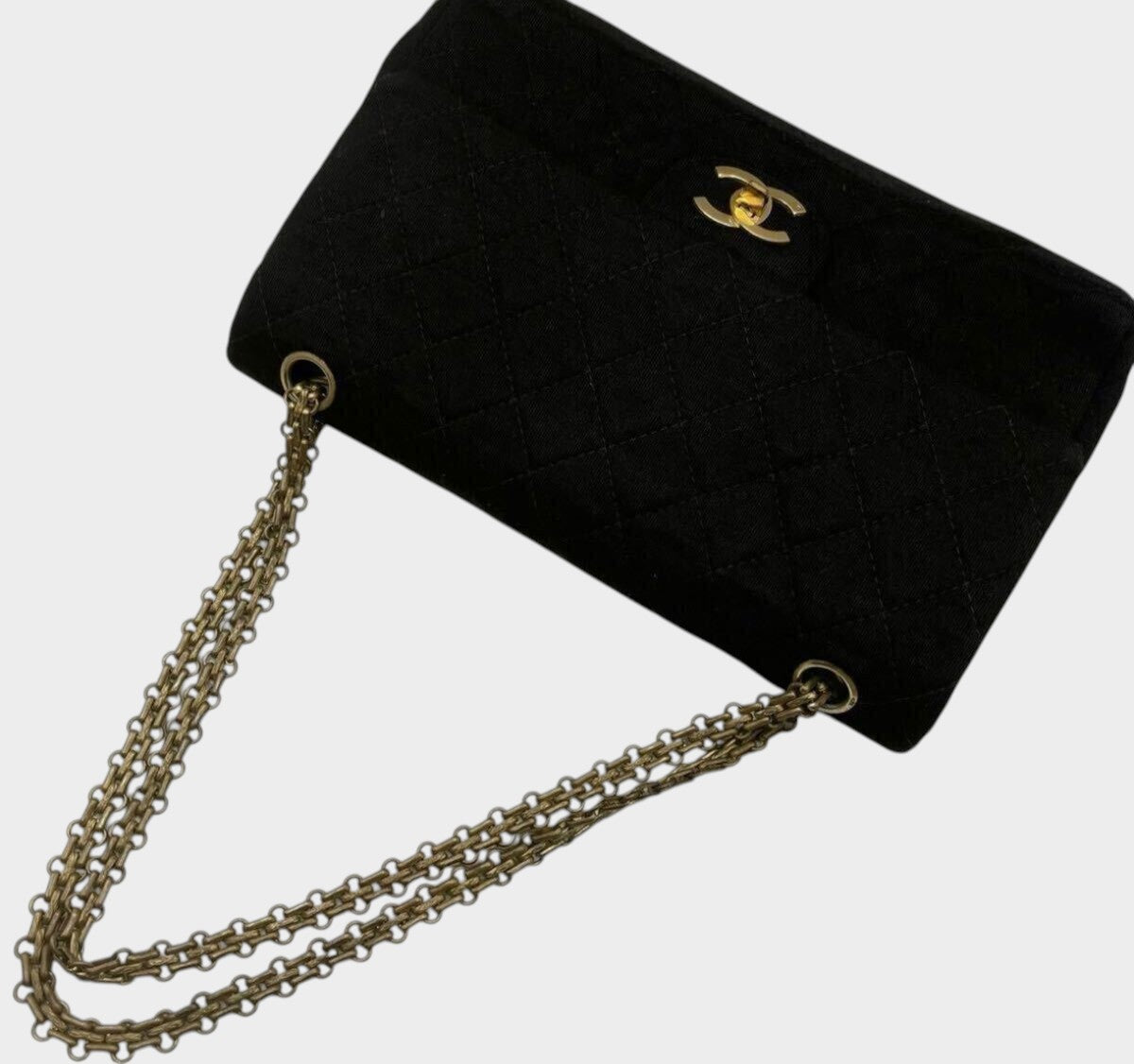CHANEL Matelassé 25 Coco Mark Cotton Double Flap Chain Shoulder Bag, Black, in excellent condition, made in France