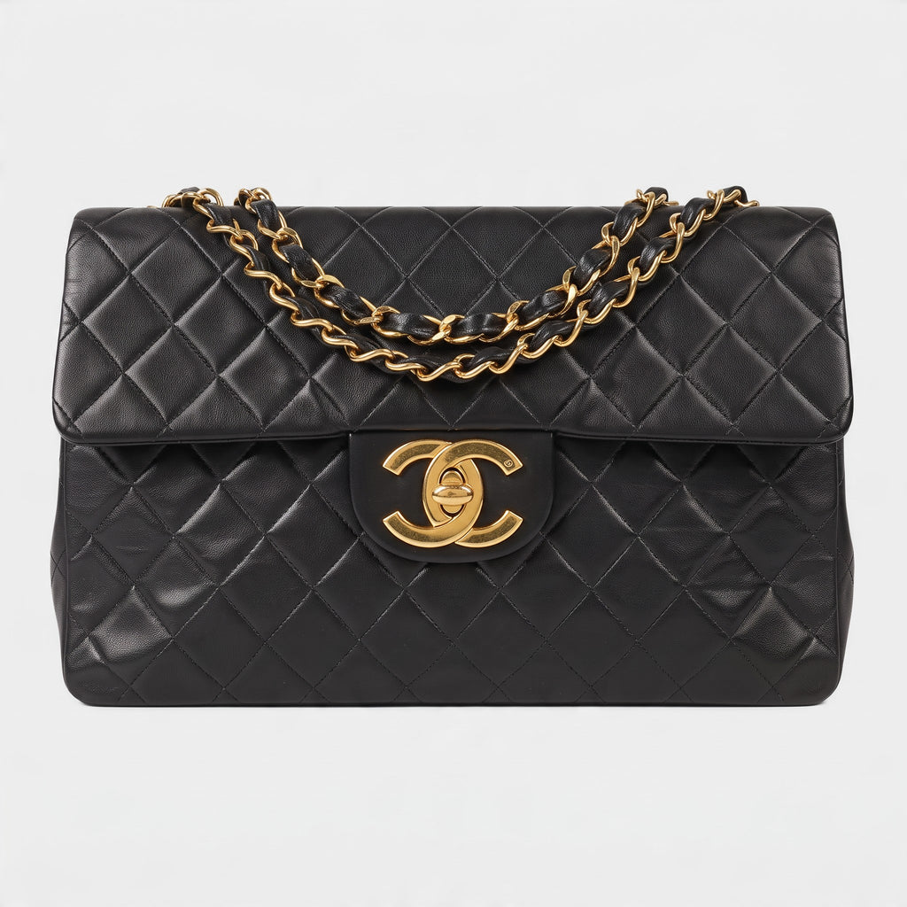 CHANEL Large Matelassé Chain Shoulder Bag, Lambskin, Black, Tasche