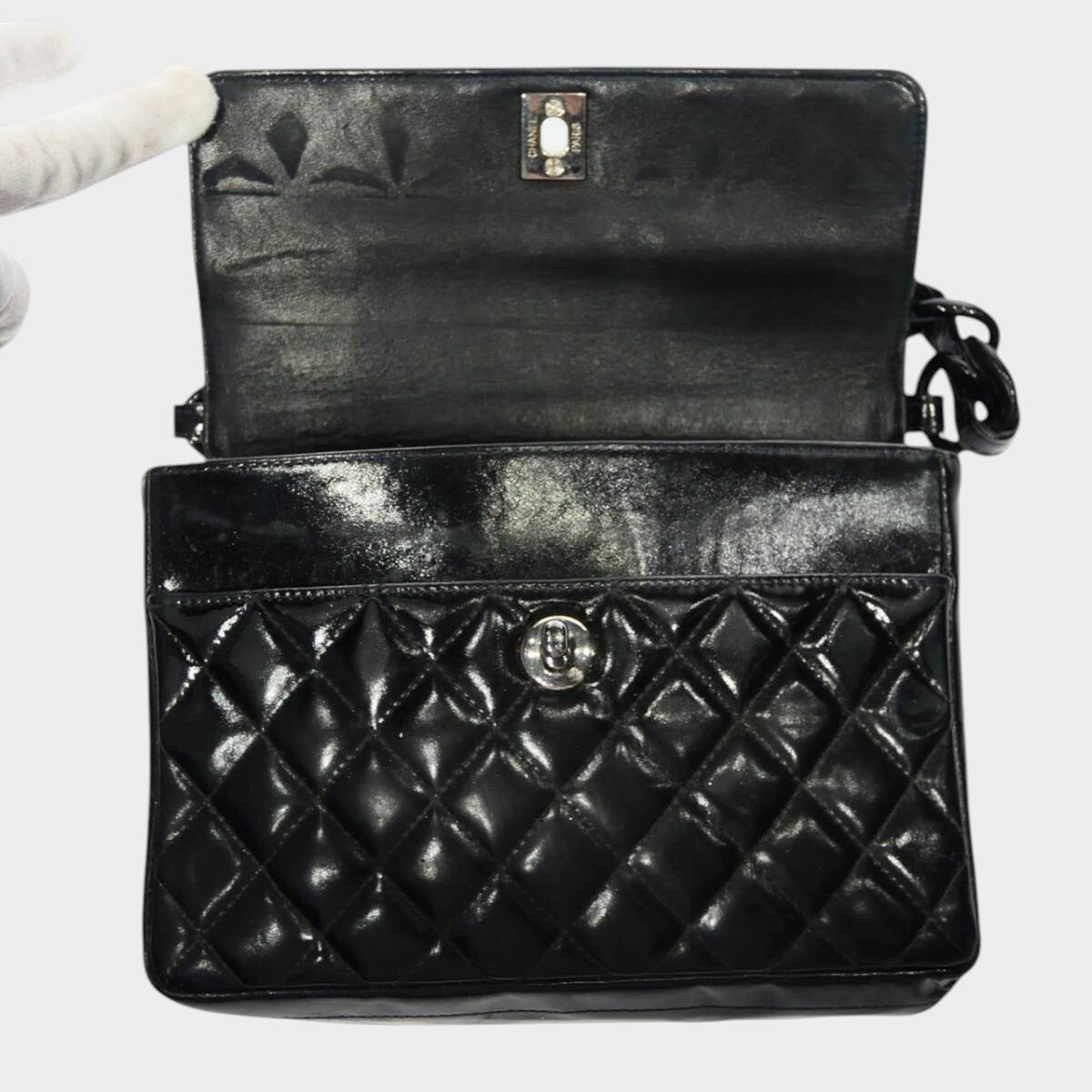 CHANEL Matelassé Chain Handbag, Coco Mark, Silver Hardware, Patent Leather, Enamel, Black, Women'