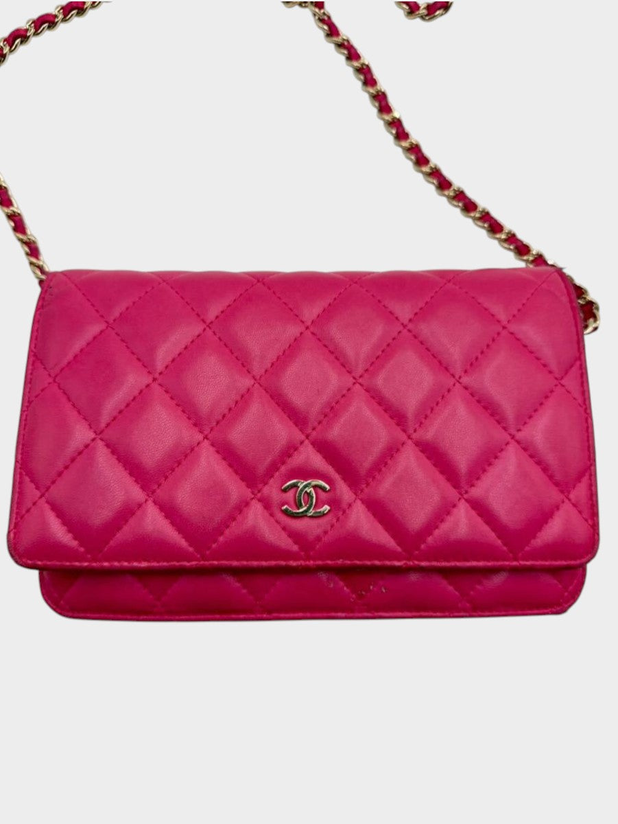 CHANEL Matelassé Chain Wallet, Lambskin, Pink
