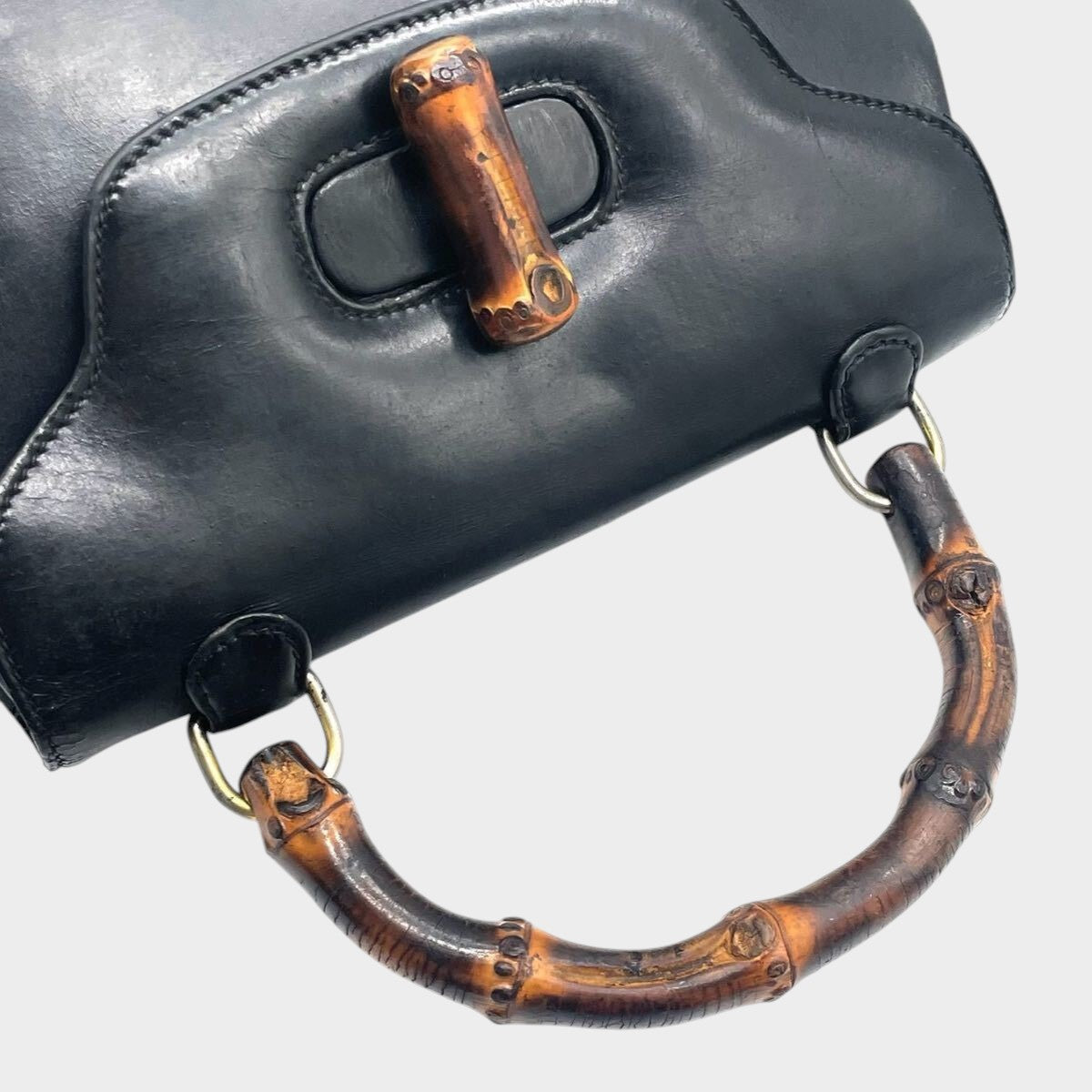 GUCCI Bamboo Handbag, Black Leather, Gold Hardware, Tasche