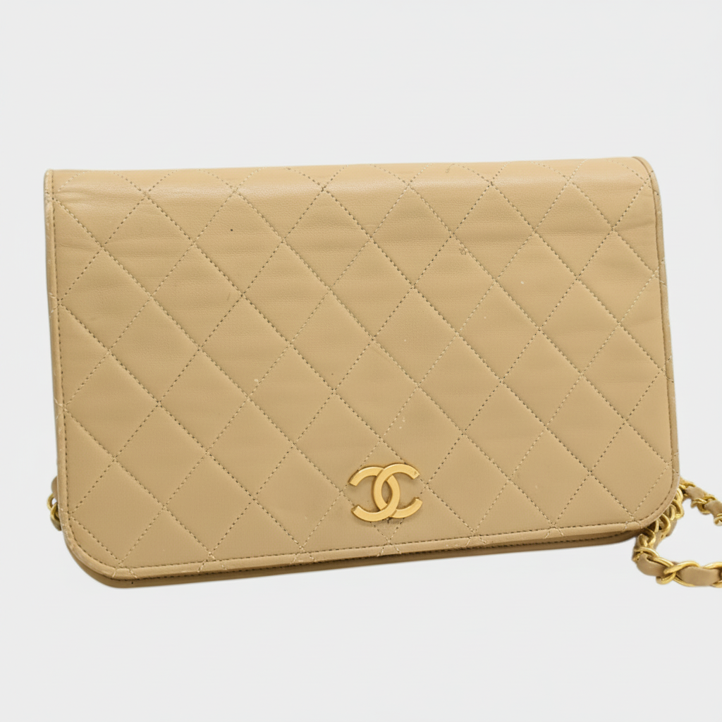Chain Shoulder Bag Matelassé Coco Mark Leather Beige Tasche