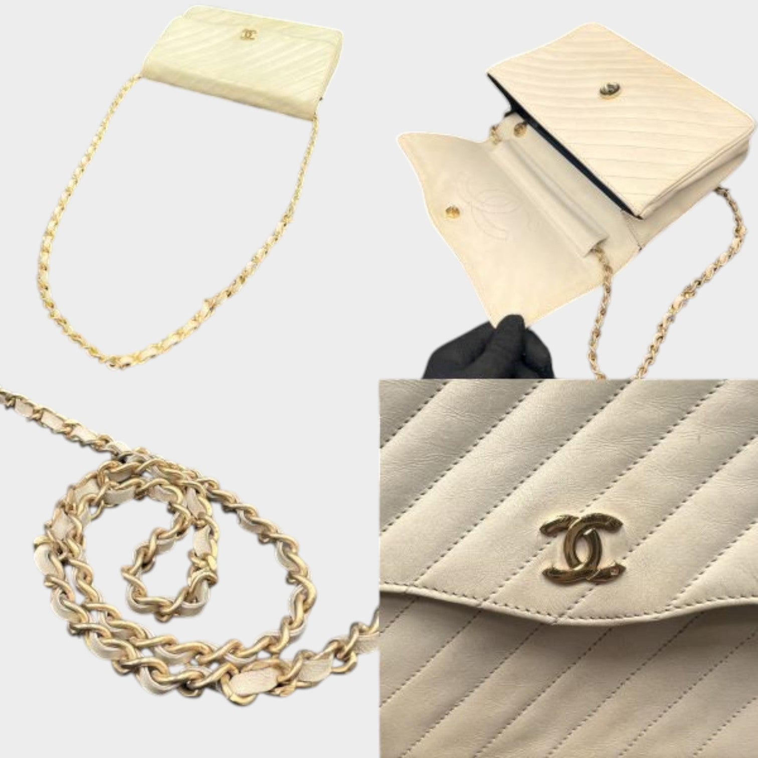 Chanel Bias Stitch Chain Shoulder Bag Coco Mark Push Lock Gold Hardware Lambskin Vintage