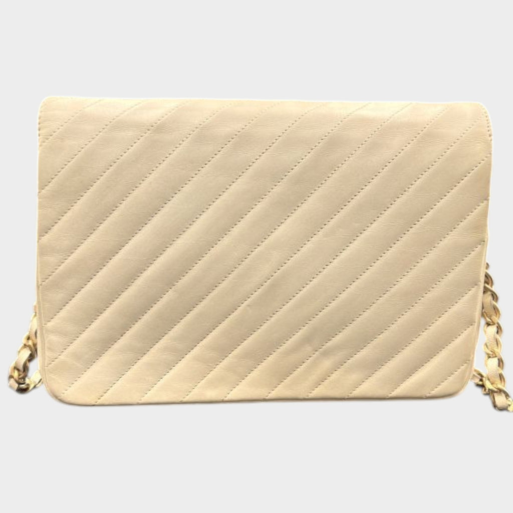 Chanel Bias Stitch Chain Shoulder Bag Coco Mark Push Lock Gold Hardware Lambskin Vintage