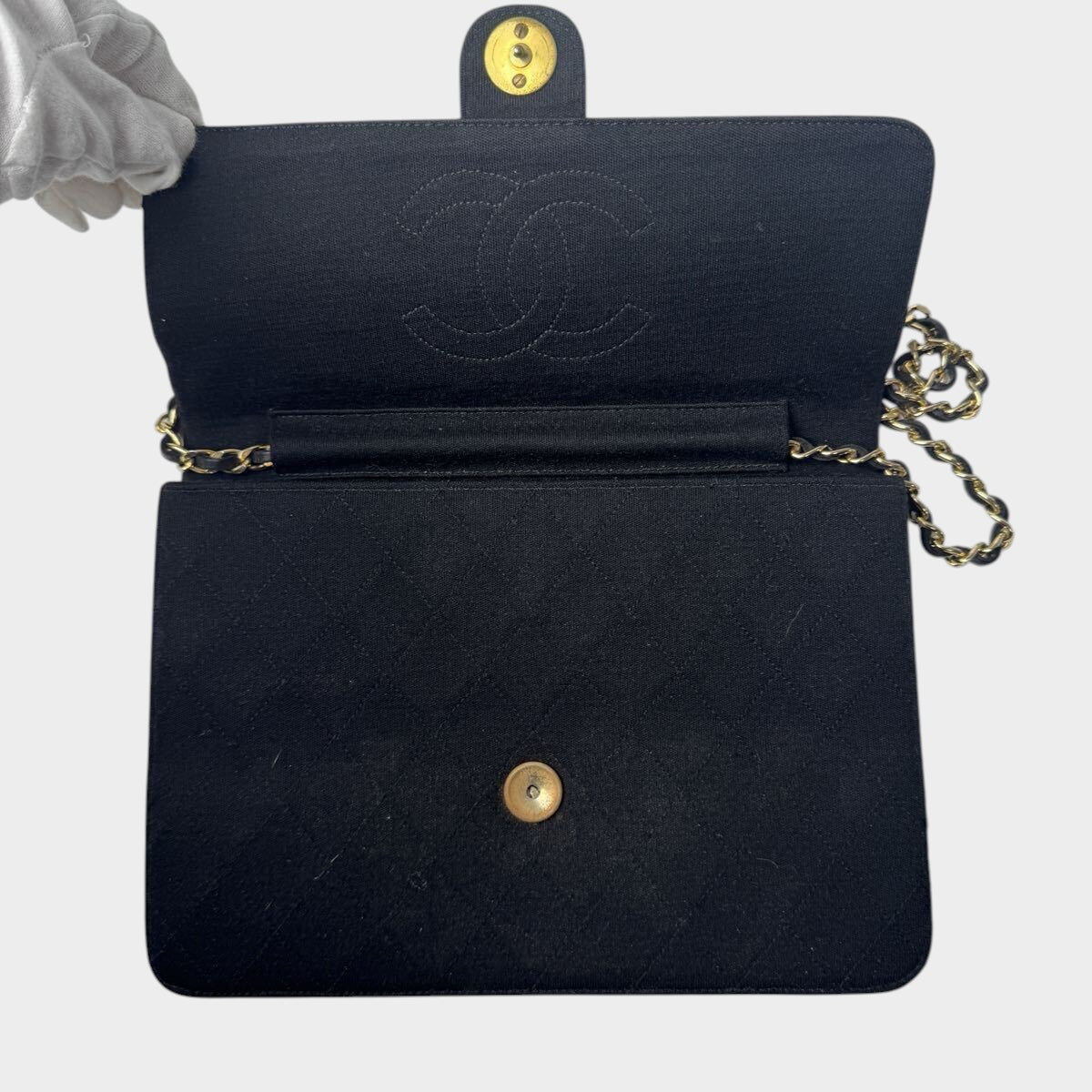 Chanel Matelassé Cotton Chain Shoulder Bag, Single Flap, Gold Hardware, Black