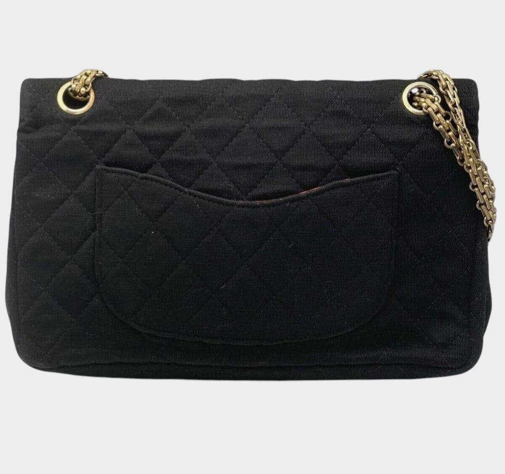 CHANEL Matelassé 25 Coco Mark Cotton Double Flap Chain Shoulder Bag, Black, in excellent condition, made in France