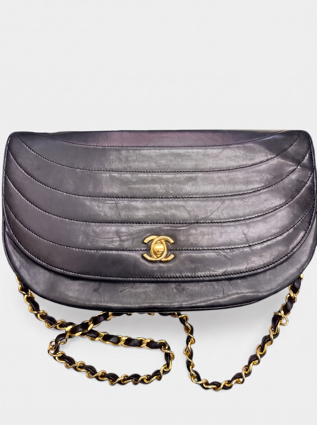CHANEL Half Moon Leather Turnlock Chain Vintage Shoulder Bag (Serial Number 0)