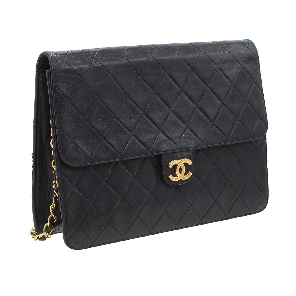 Chanel Matelassé Leather Push-Lock Chain Shoulder Bag W25cm Black Vintage CHANEL Women'