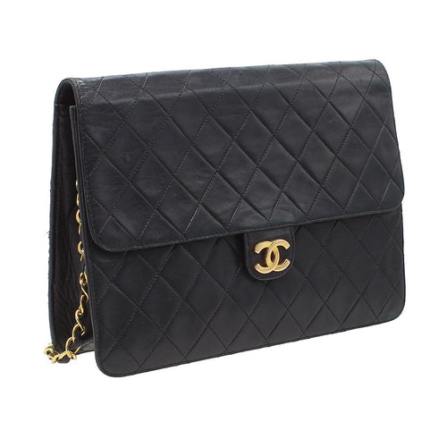 Chanel Matelassé Leather Push-Lock Chain Shoulder Bag W25cm Black Vintage CHANEL Women'