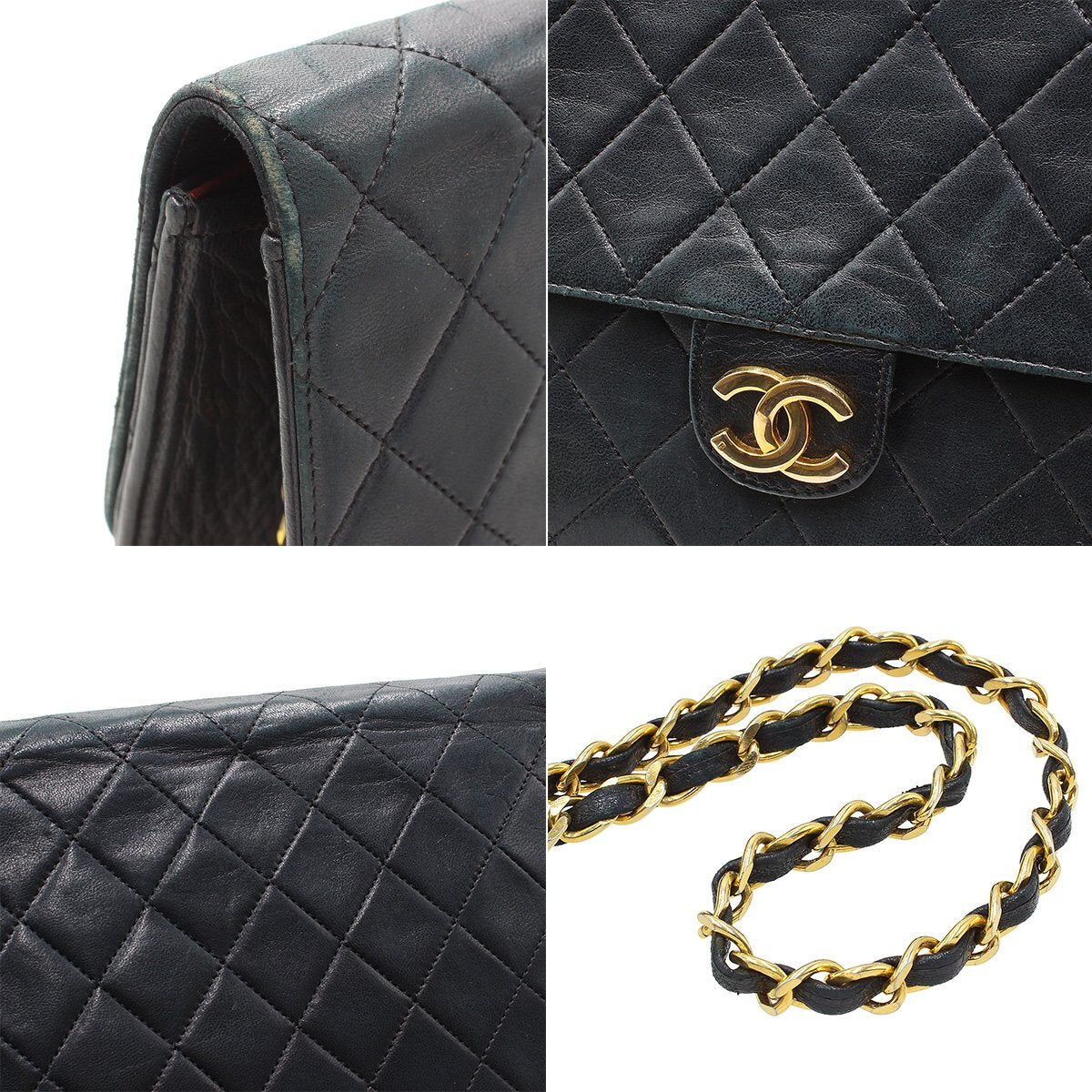 Chanel Matelassé Leather Push-Lock Chain Shoulder Bag W25cm Black Vintage CHANEL Women'