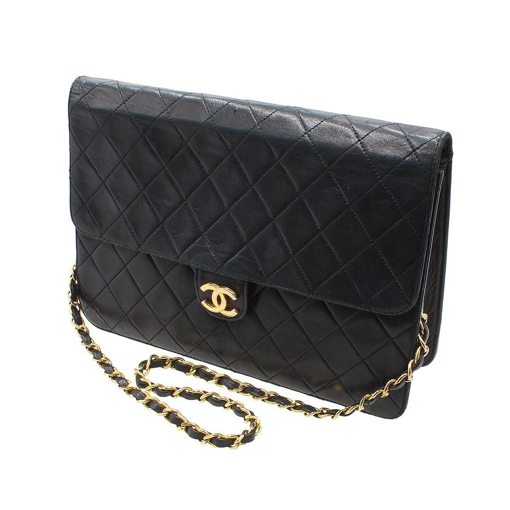 Chanel Matelassé Leather Push-Lock Chain Shoulder Bag W25cm Black Vintage CHANEL Women'