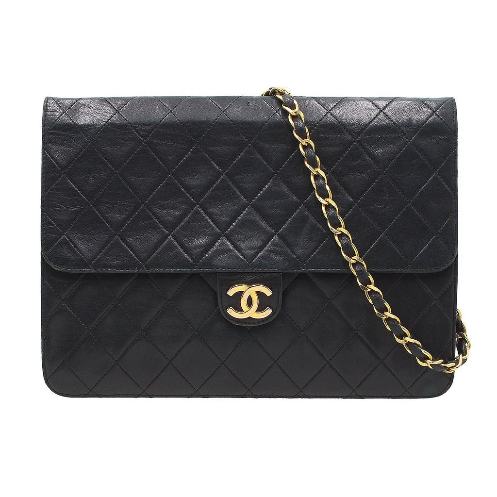 Chanel Matelassé Leather Push-Lock Chain Shoulder Bag W25cm Black Vintage CHANEL Women'