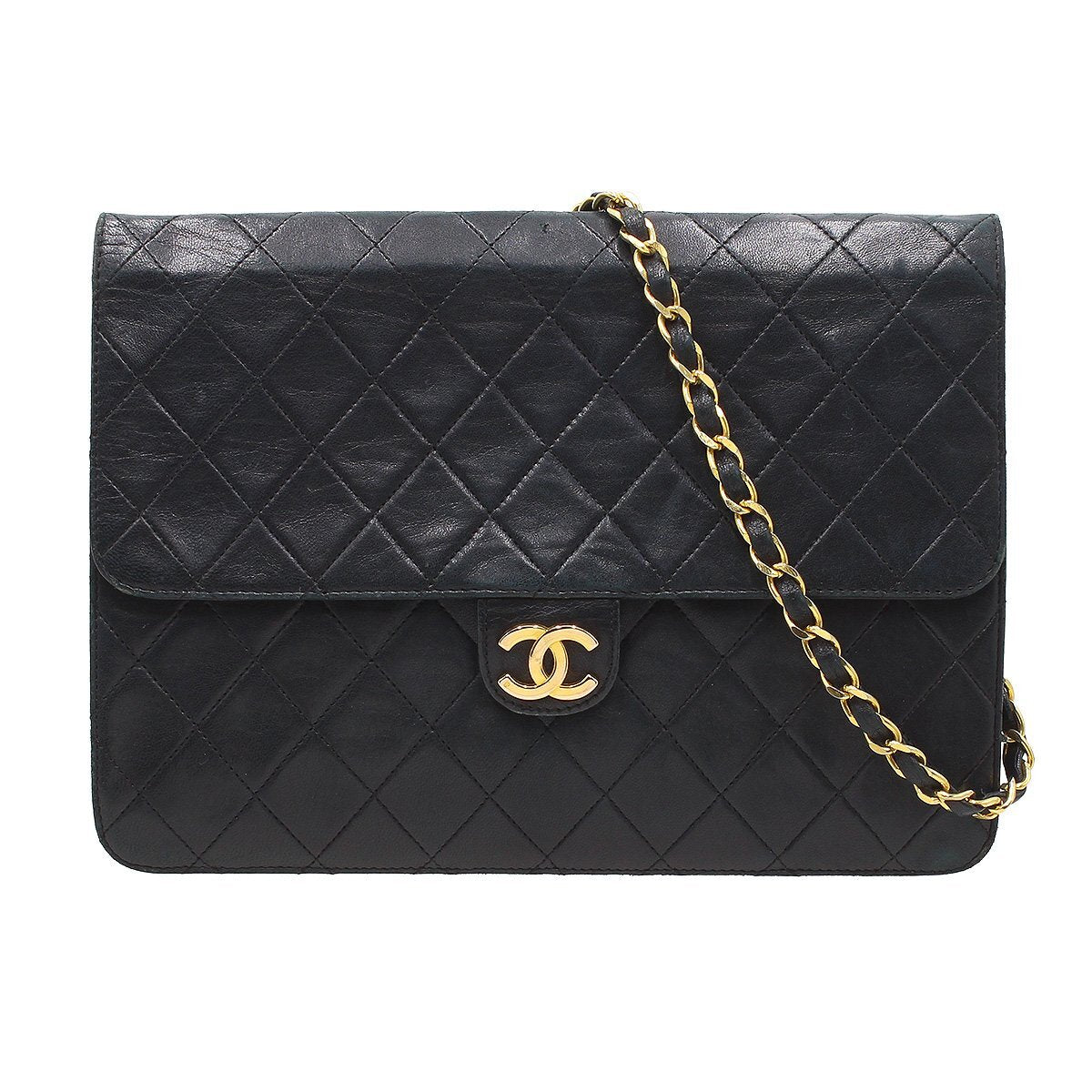 Chanel Matelassé Leather Push-Lock Chain Shoulder Bag W25cm Black Vintage CHANEL Women'