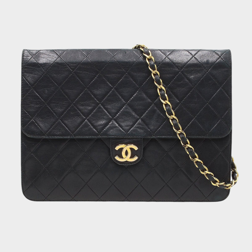 Chanel Matelassé Leather Push-Lock Chain Shoulder Bag W25cm Black Vintage CHANEL Women'