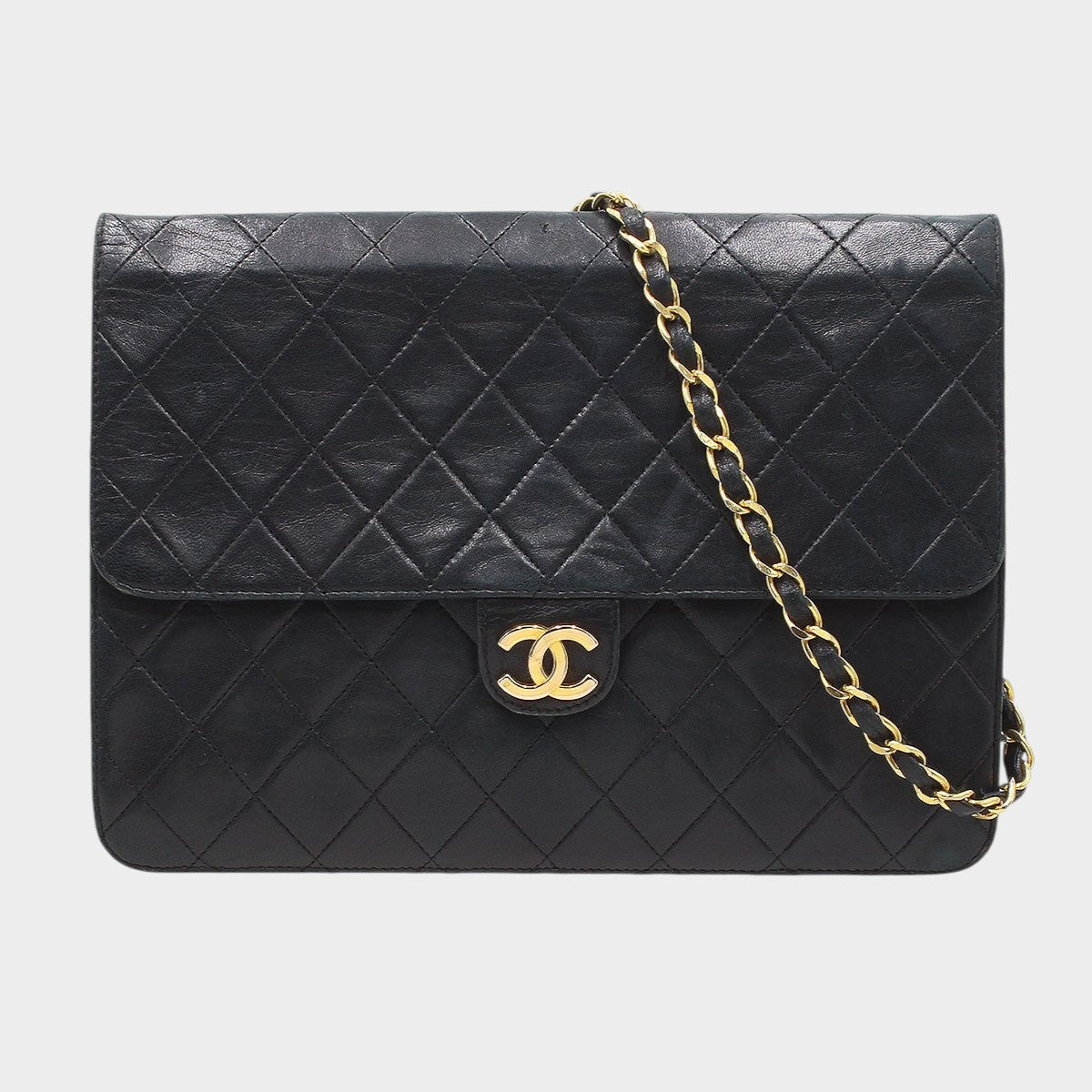 Chanel Matelassé Leather Push-Lock Chain Shoulder Bag W25cm Black Vintage CHANEL Women'