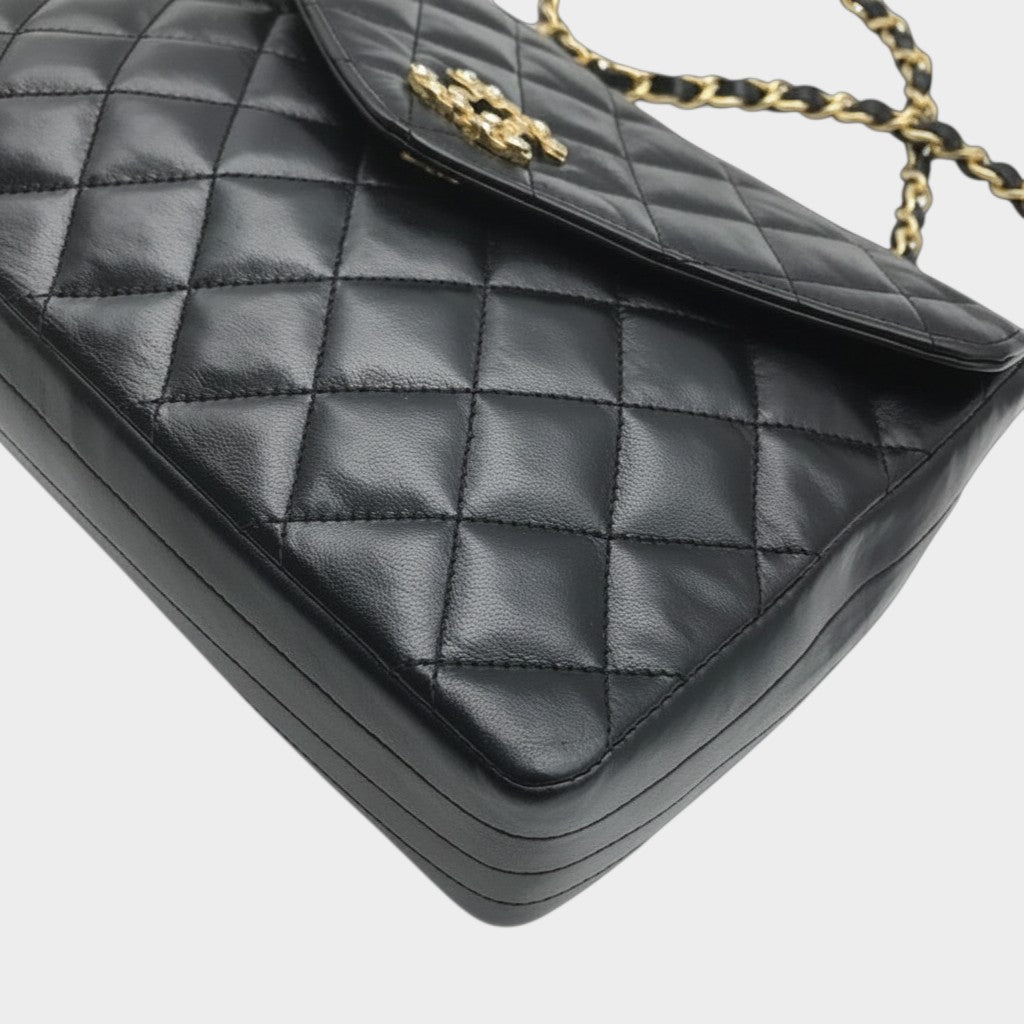 Excellent Condition CHANEL Coco Mark Matelassé Lambskin Rhinestone Chain Shoulder Bag, Black, Women's