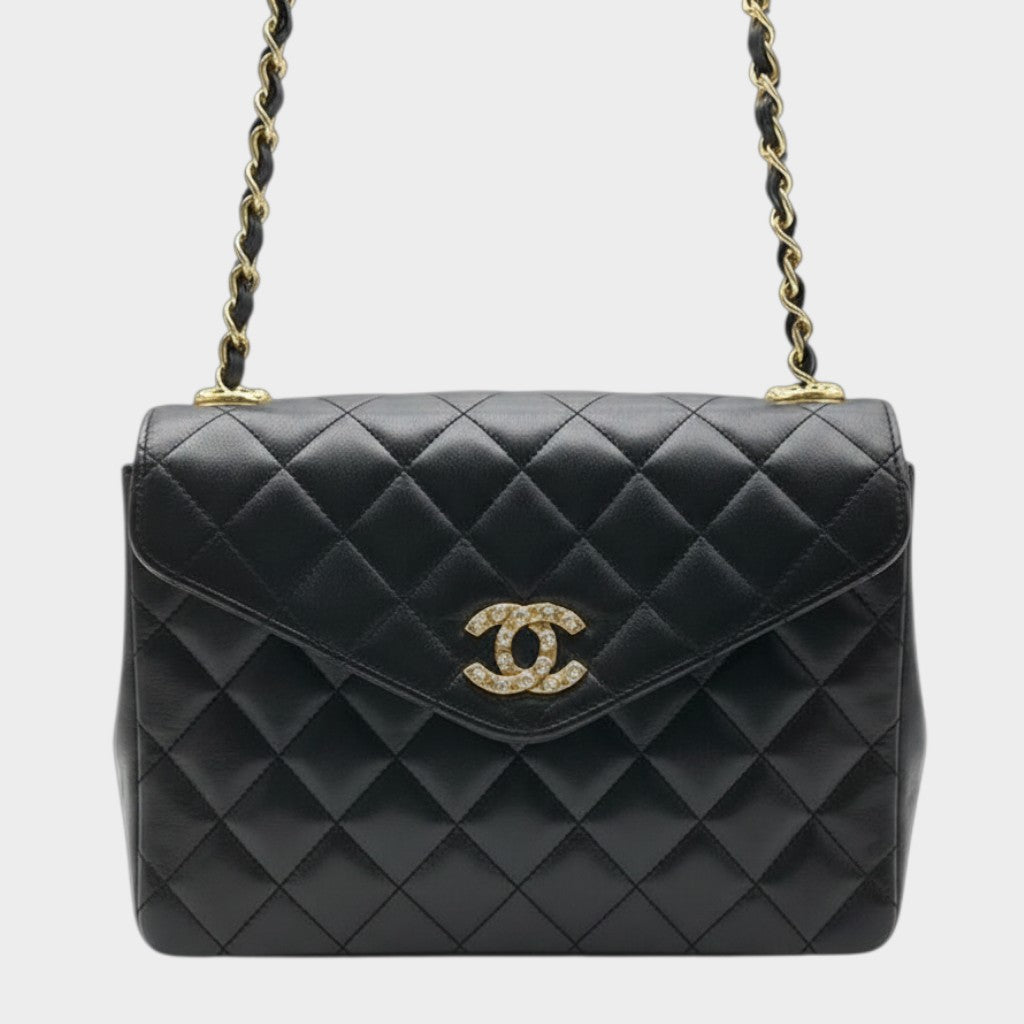 Excellent Condition CHANEL Coco Mark Matelassé Lambskin Rhinestone Chain Shoulder Bag, Black, Women's