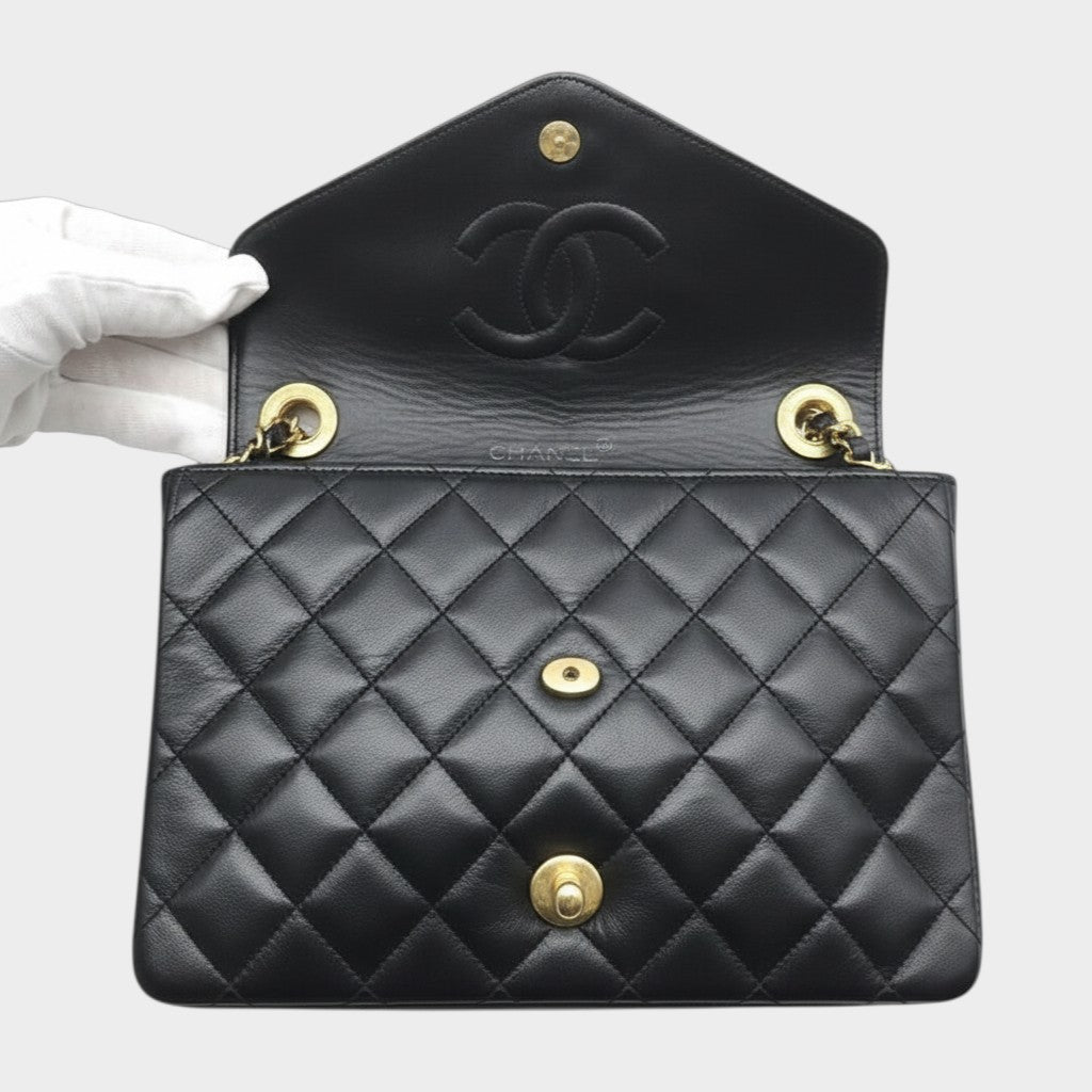 Excellent Condition CHANEL Coco Mark Matelassé Lambskin Rhinestone Chain Shoulder Bag, Black, Women's