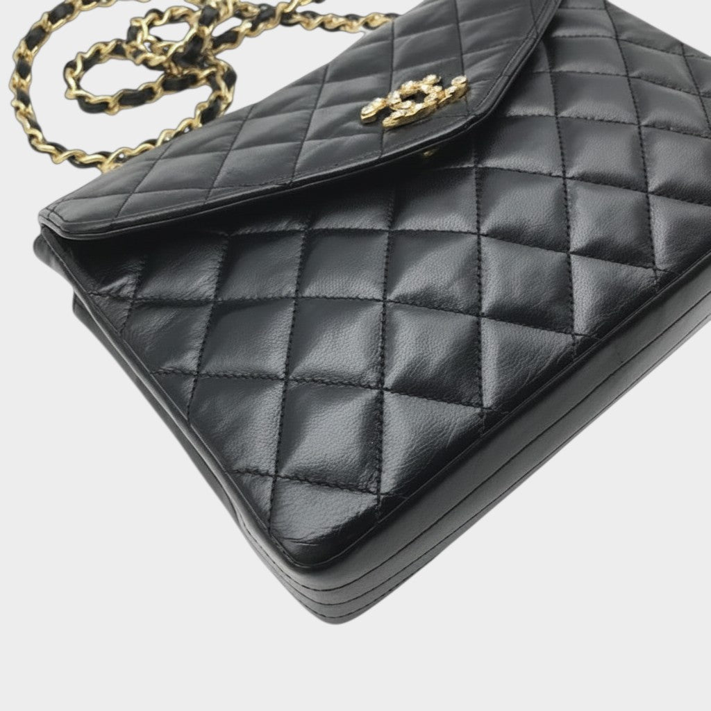 Excellent Condition CHANEL Coco Mark Matelassé Lambskin Rhinestone Chain Shoulder Bag, Black, Women's