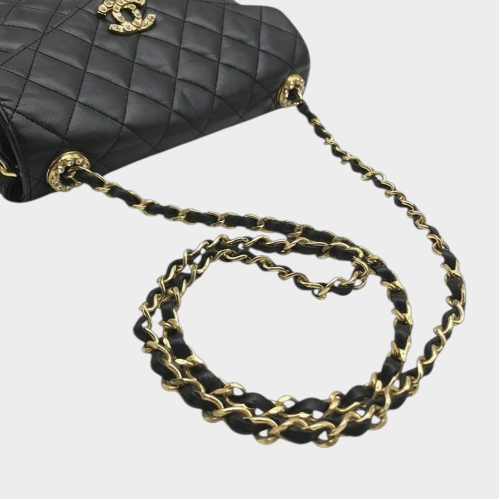Excellent Condition CHANEL Coco Mark Matelassé Lambskin Rhinestone Chain Shoulder Bag, Black, Women's