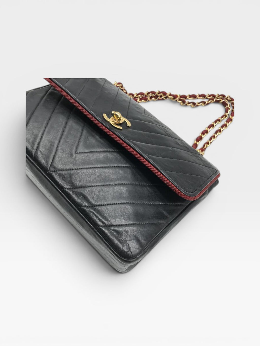 Excellent Condition CHANEL Coco Mark V-Stitch Lambskin Leather Chain Shoulder Bag, Bicolor Black, Women's a1