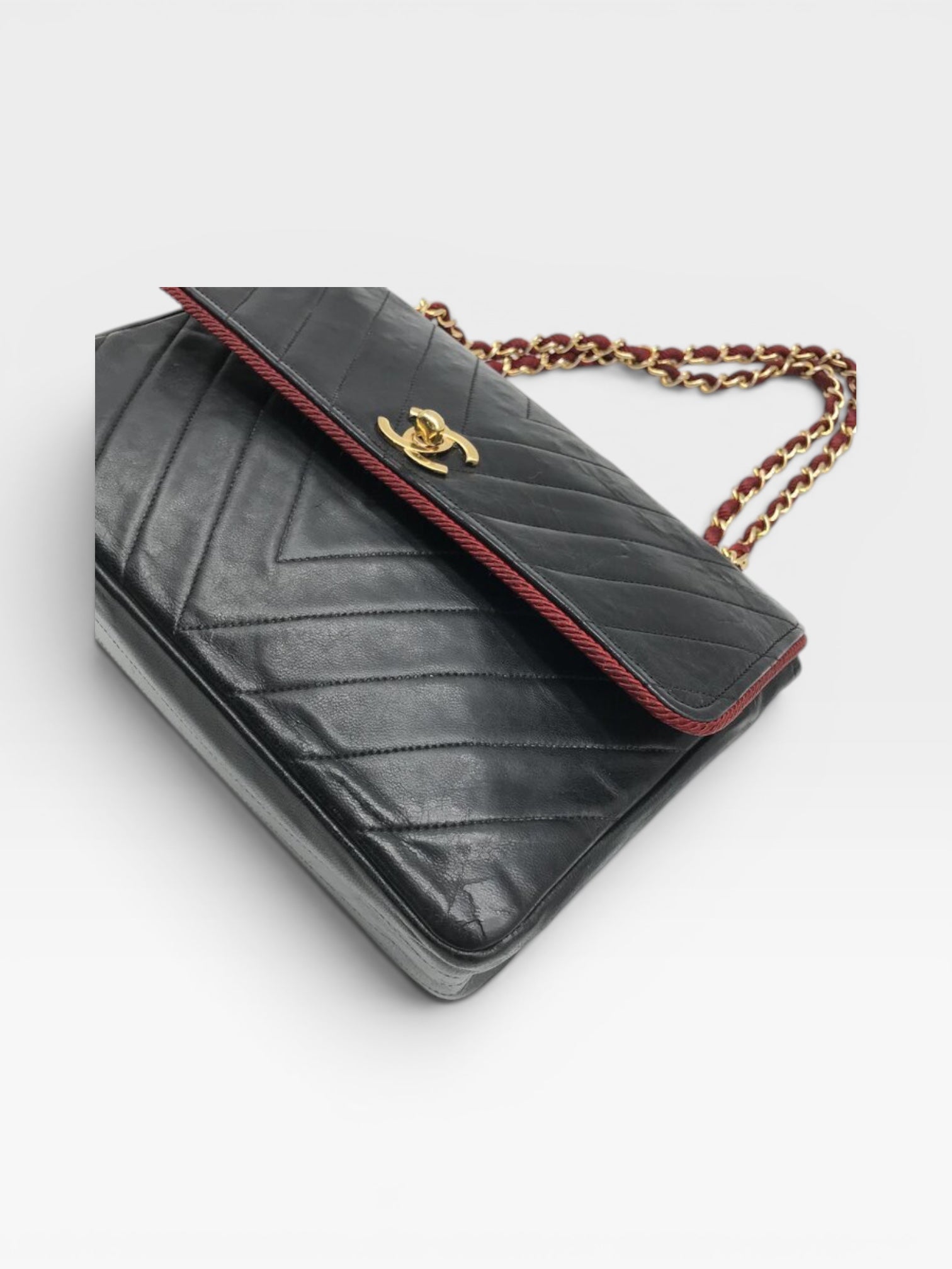 Excellent Condition CHANEL Coco Mark V-Stitch Lambskin Leather Chain Shoulder Bag, Bicolor Black, Women's a1