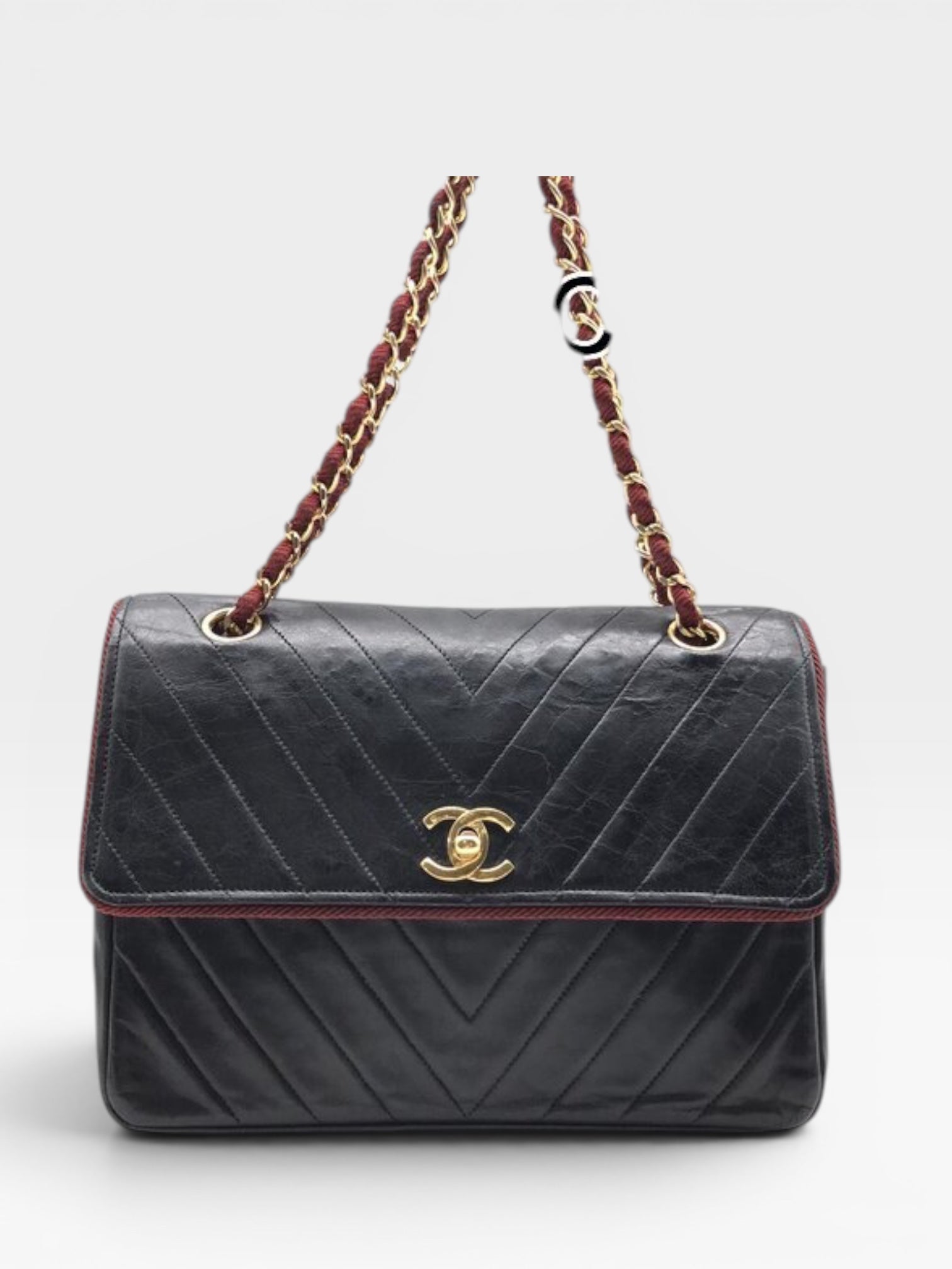 Excellent Condition CHANEL Coco Mark V-Stitch Lambskin Leather Chain Shoulder Bag, Bicolor Black, Women's a1
