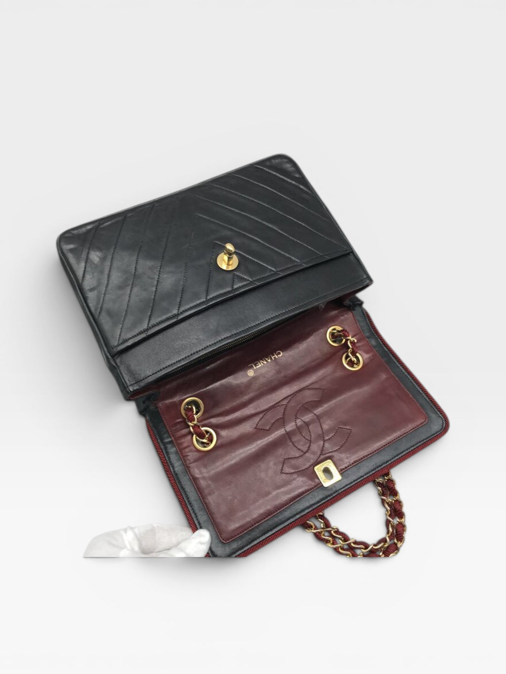 Excellent Condition CHANEL Coco Mark V-Stitch Lambskin Leather Chain Shoulder Bag, Bicolor Black, Women's a1