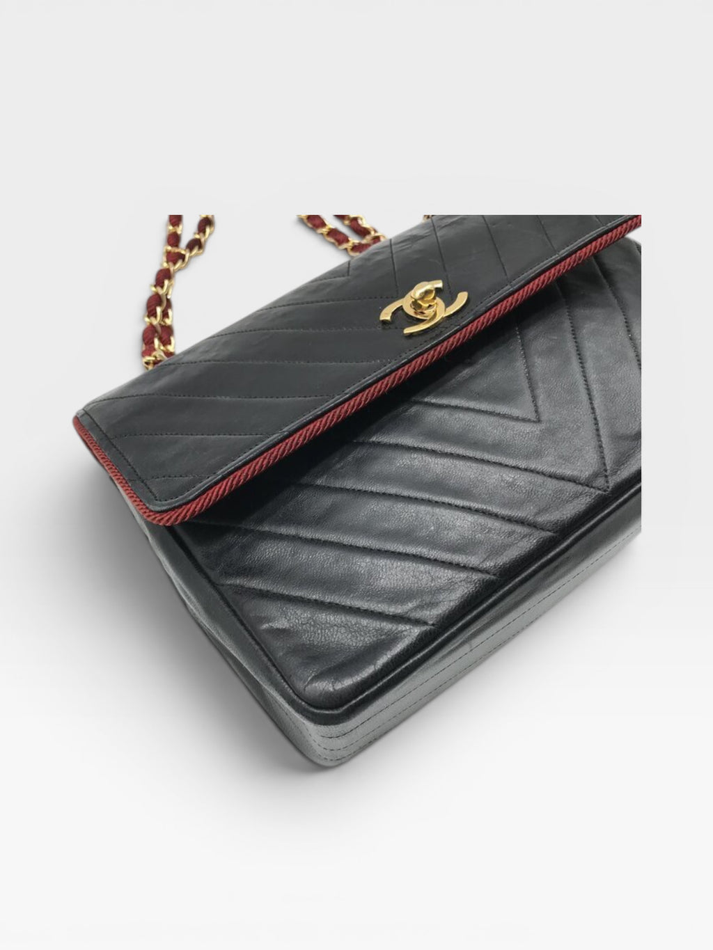 Excellent Condition CHANEL Coco Mark V-Stitch Lambskin Leather Chain Shoulder Bag, Bicolor Black, Women's a1