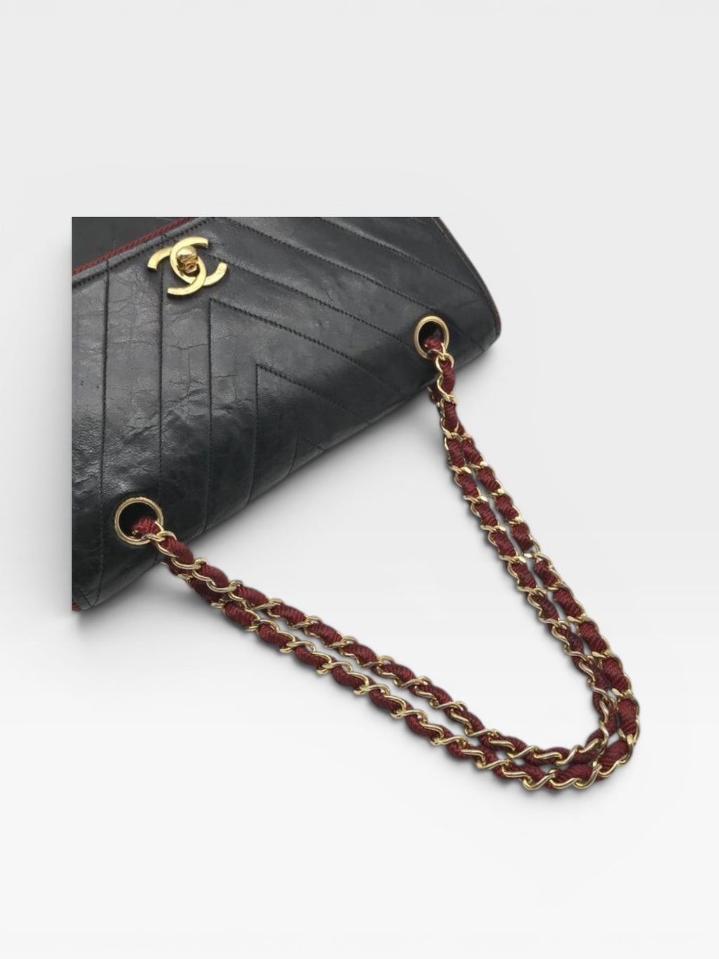 Excellent Condition CHANEL Coco Mark V-Stitch Lambskin Leather Chain Shoulder Bag, Bicolor Black, Women's a1