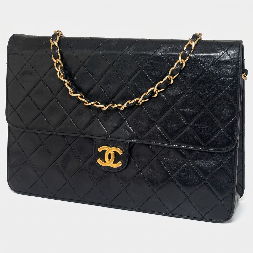 Chain Shoulder Bag Matelassé Single Flap Lambskin Leather Black Tasche